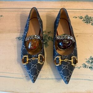 Gucci Denim Monogram Pointed-Toe Flats with Gold Horsebit